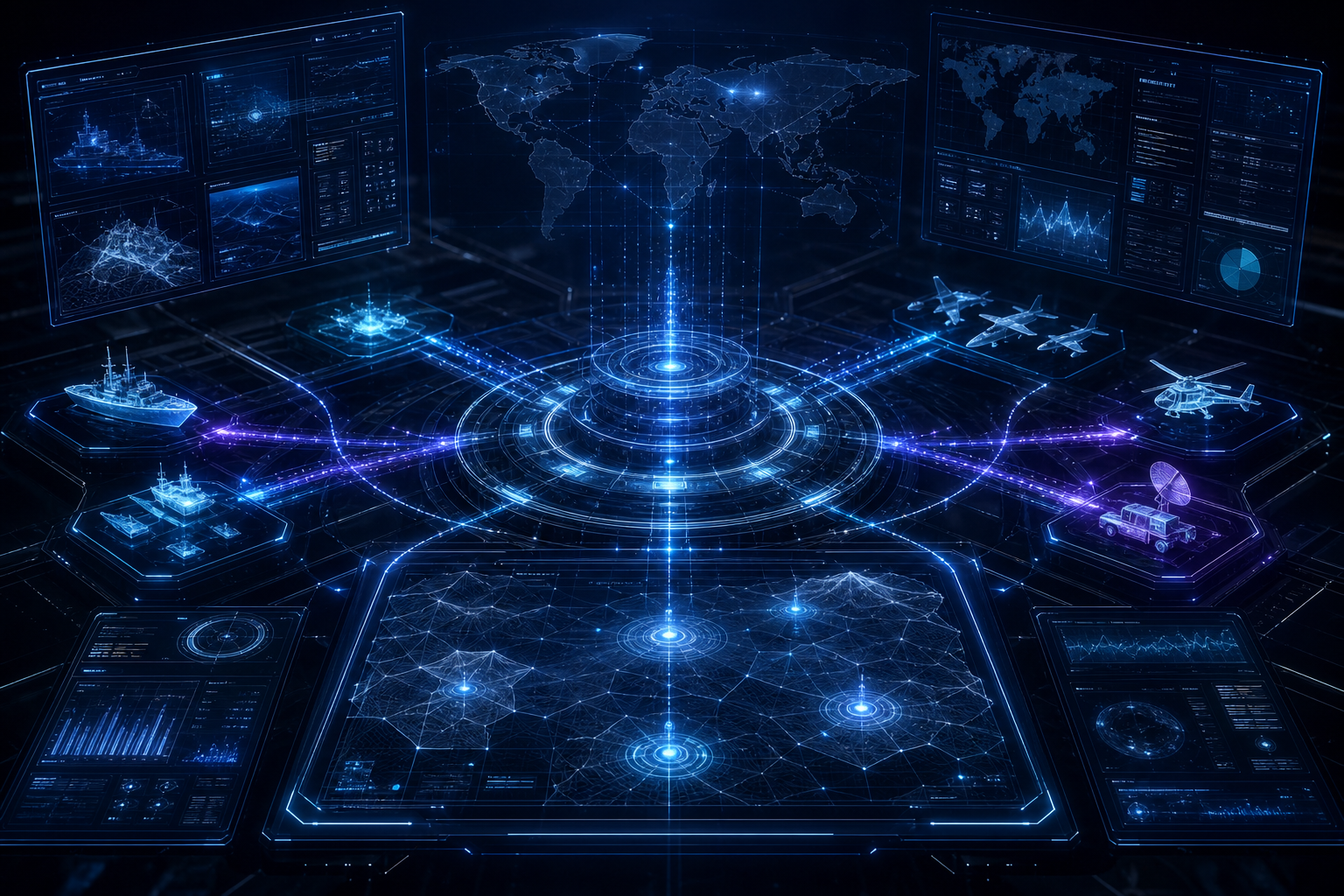Cinematic defense-tech digital artwork of an AI mission orchestration environment with layered interface planes, node clusters, luminous signal paths, and blueprint geometry on a midnight command backdrop