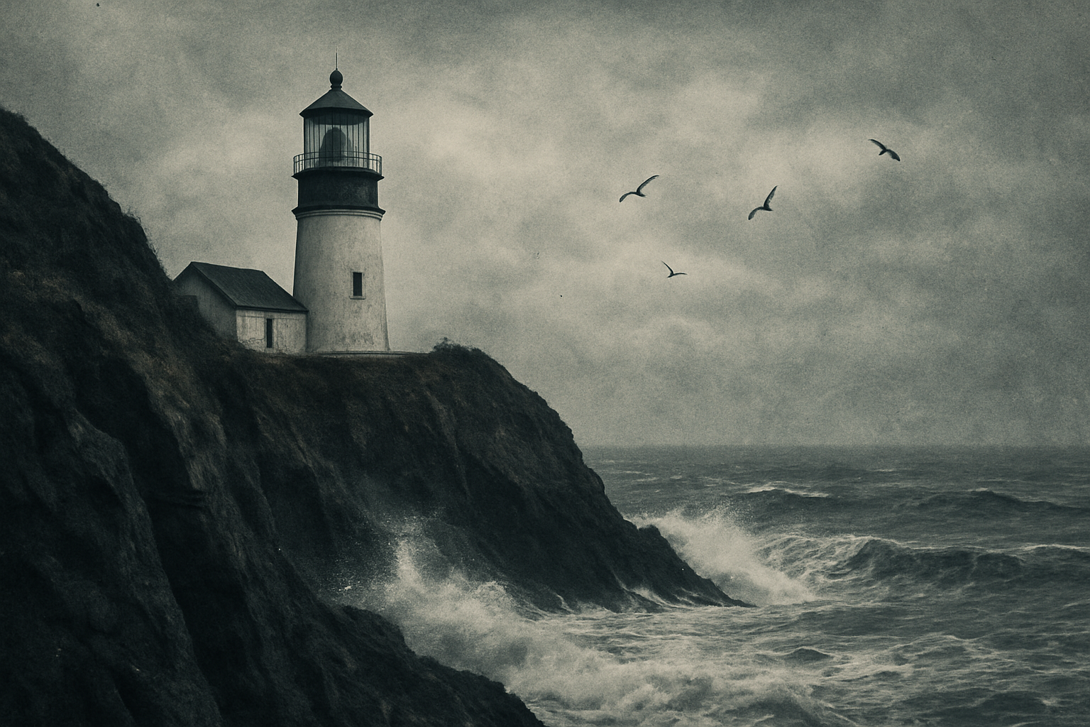 Stone cliff lighthouse standing above winter surf with windblown spray