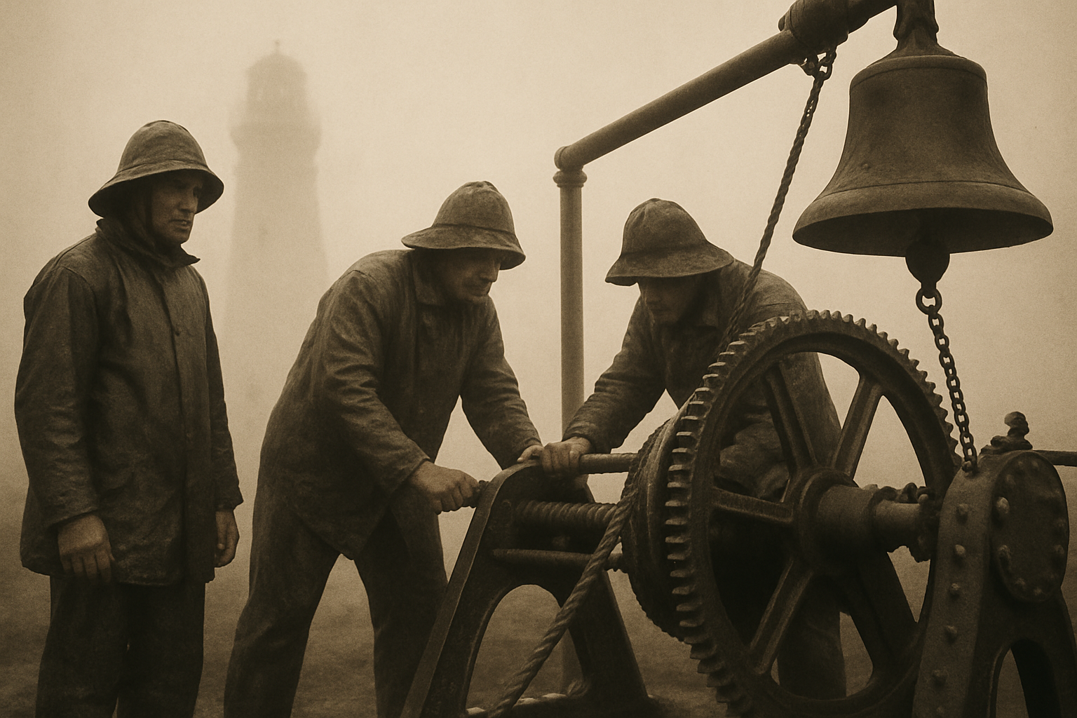 Three lighthouse keepers in oilskins operating a fog bell winch during heavy mist