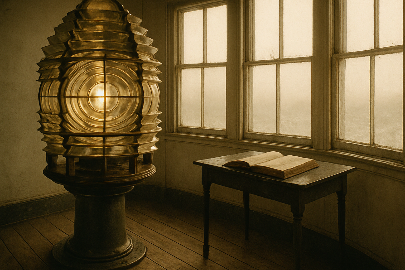 Historic lens room with brass Fresnel apparatus and keeper logbook in harbor point lighthouse