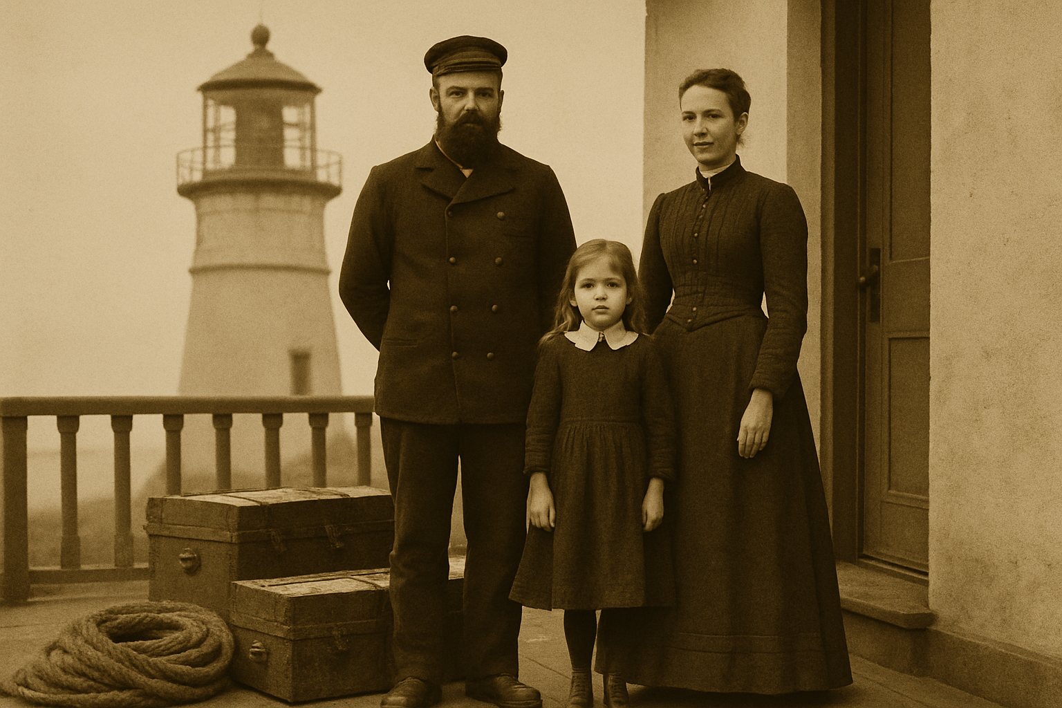 Keeper family portrait on weathered station porch with nautical trunks