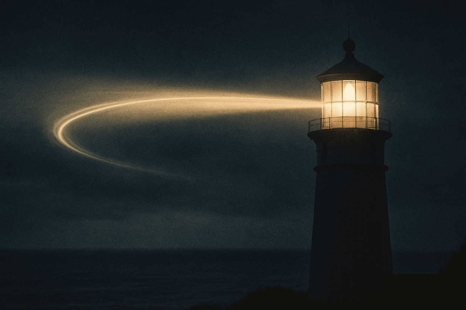 Long-exposure night image of lighthouse beam crossing dark sea and clouds