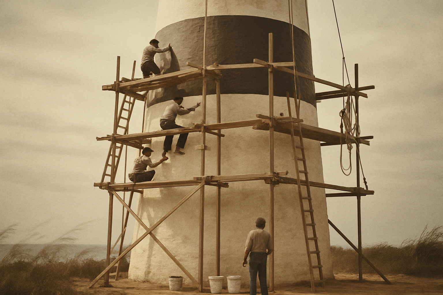 Restoration workers on timber scaffolding around a striped lighthouse tower
