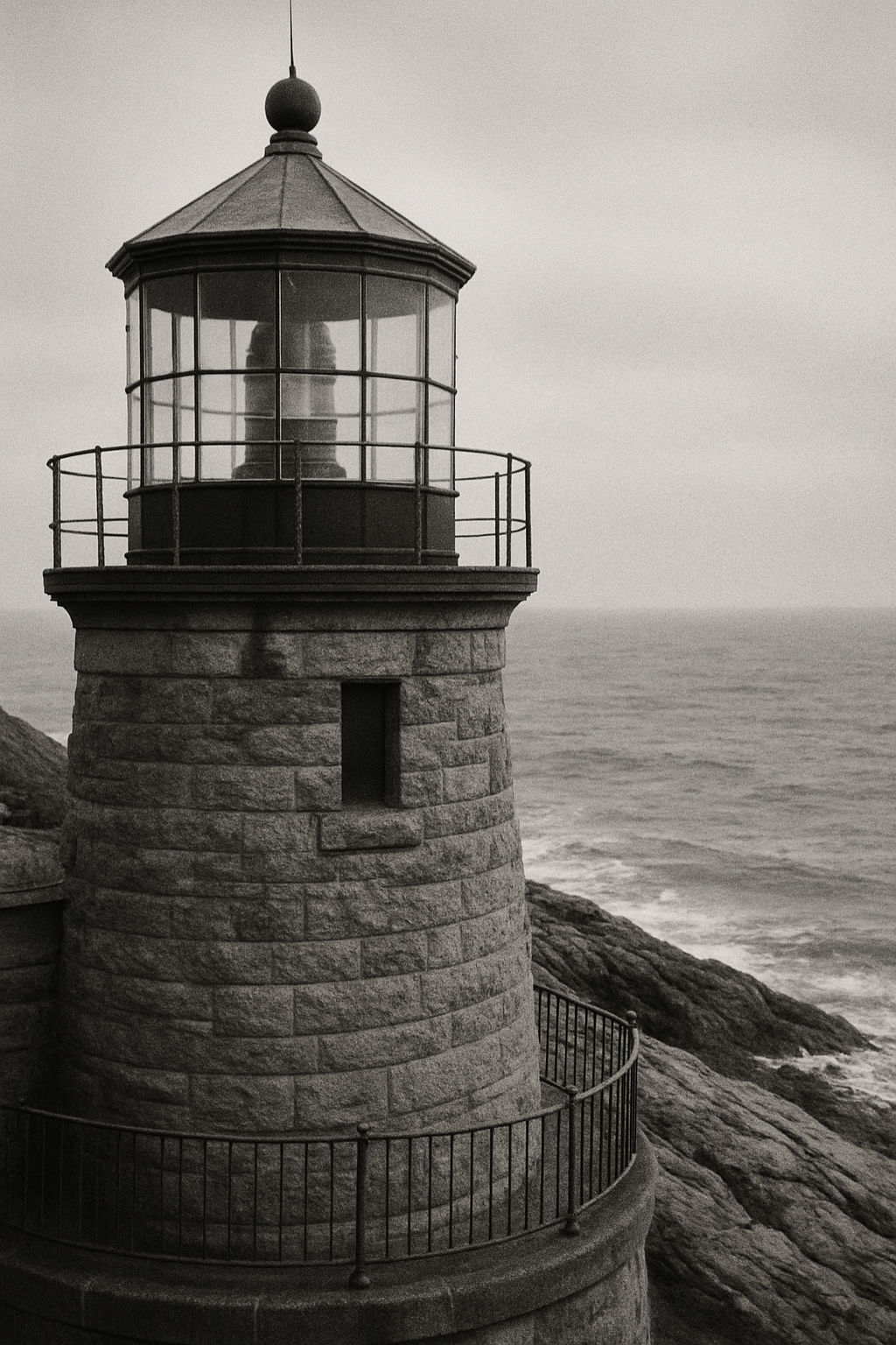 Black-and-white archival close view of a stone lighthouse lantern room facing rough northern coastal water