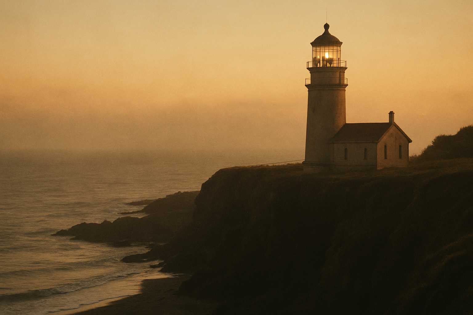 Archival-style coastal lighthouse on a rugged northern shoreline at golden dusk, with weathered cliffs, calm surf, and warm filmic tones