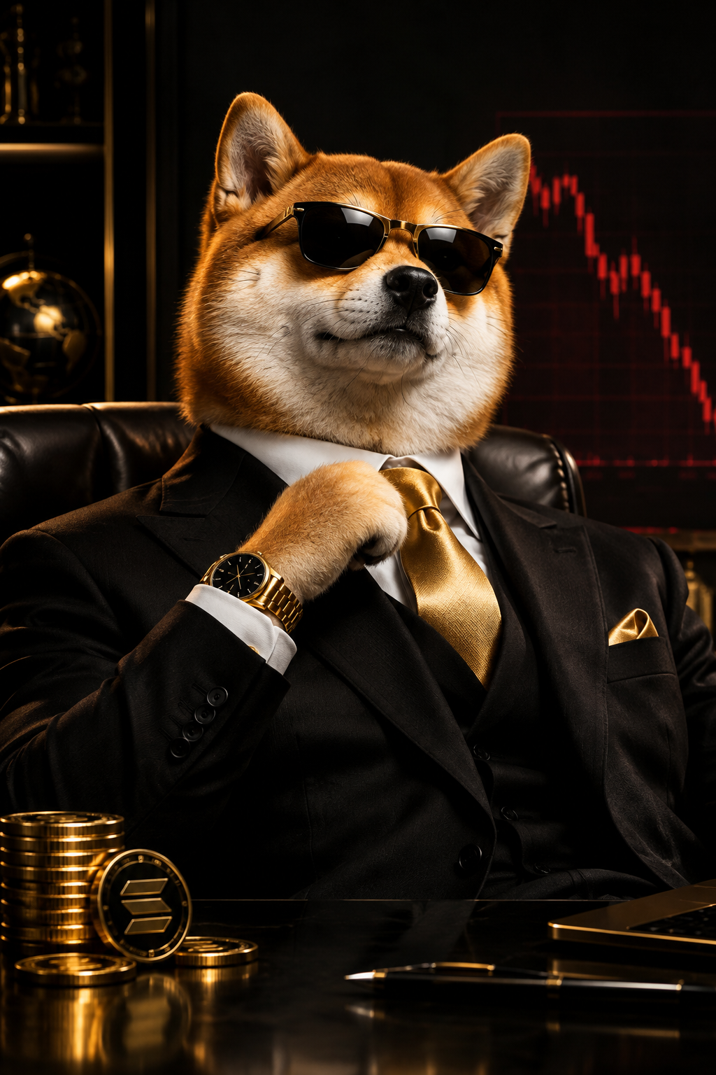 BROKECEO character portrait as a confident suited dog in a luxury studio setting
