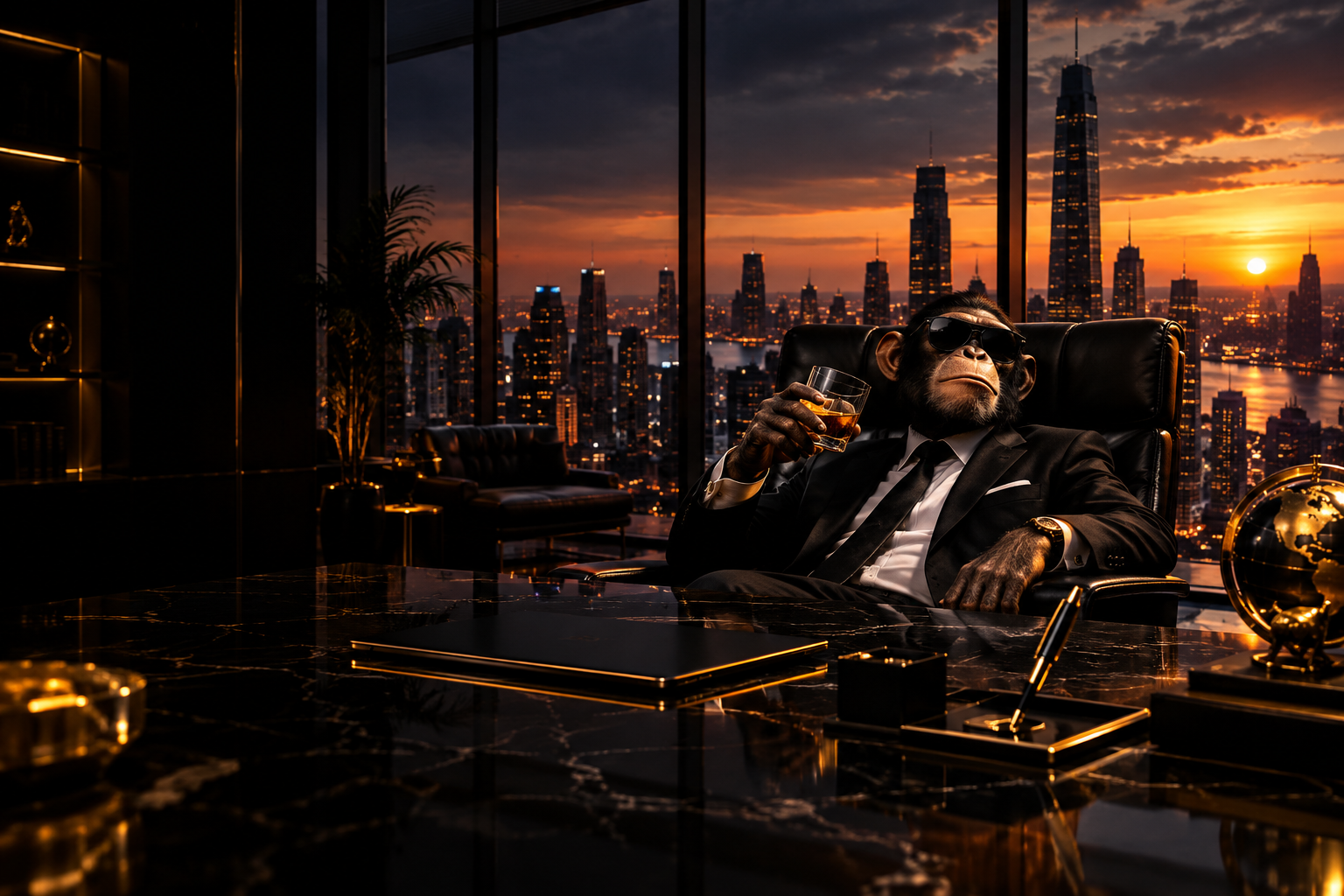 Wide cinematic banner of a luxury corner office with polished desk, city skyline at dusk, dramatic shadows, and subtle satire-of-wealth mood