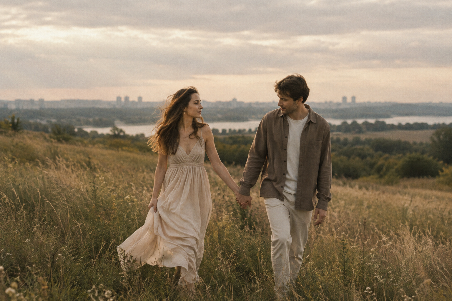 Couple walking hand in hand through tall summer grass