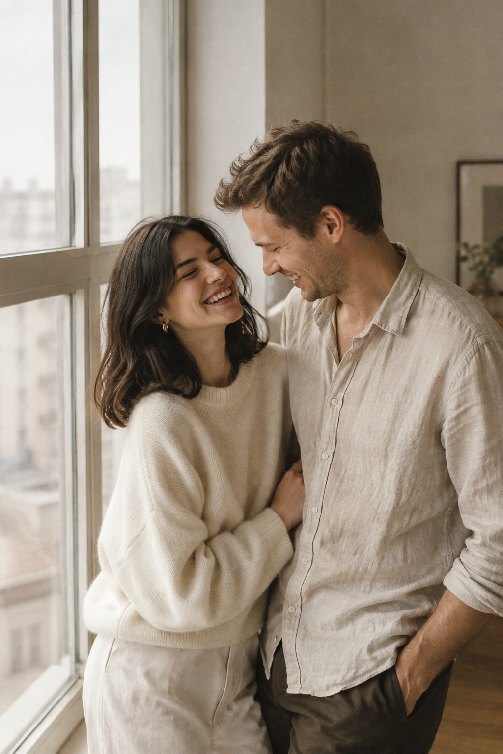 Couple sharing a quiet laugh beside a bright apartment window