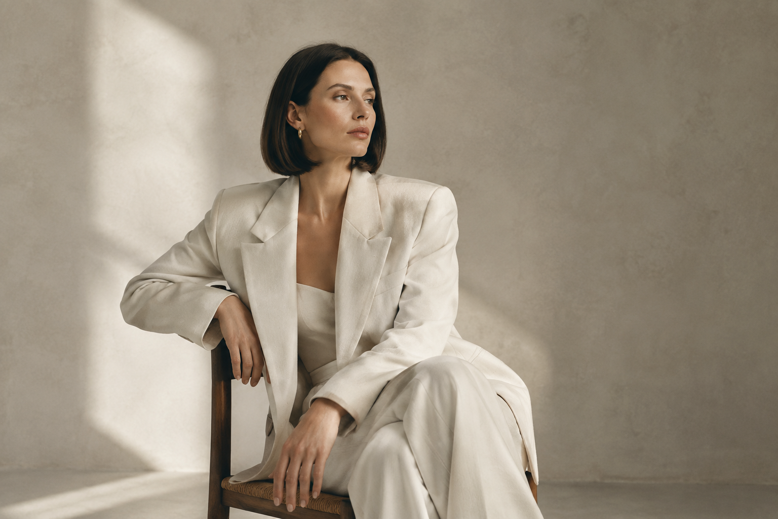 Editorial portrait of a woman in sculptural cream tailoring in a soft daylight studio