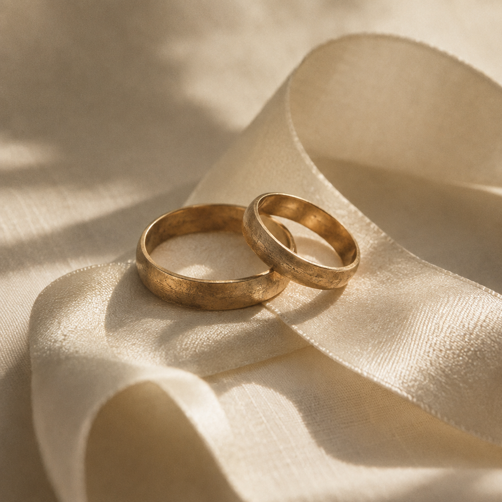 Close film-style detail of antique gold wedding rings resting on ivory ribbon