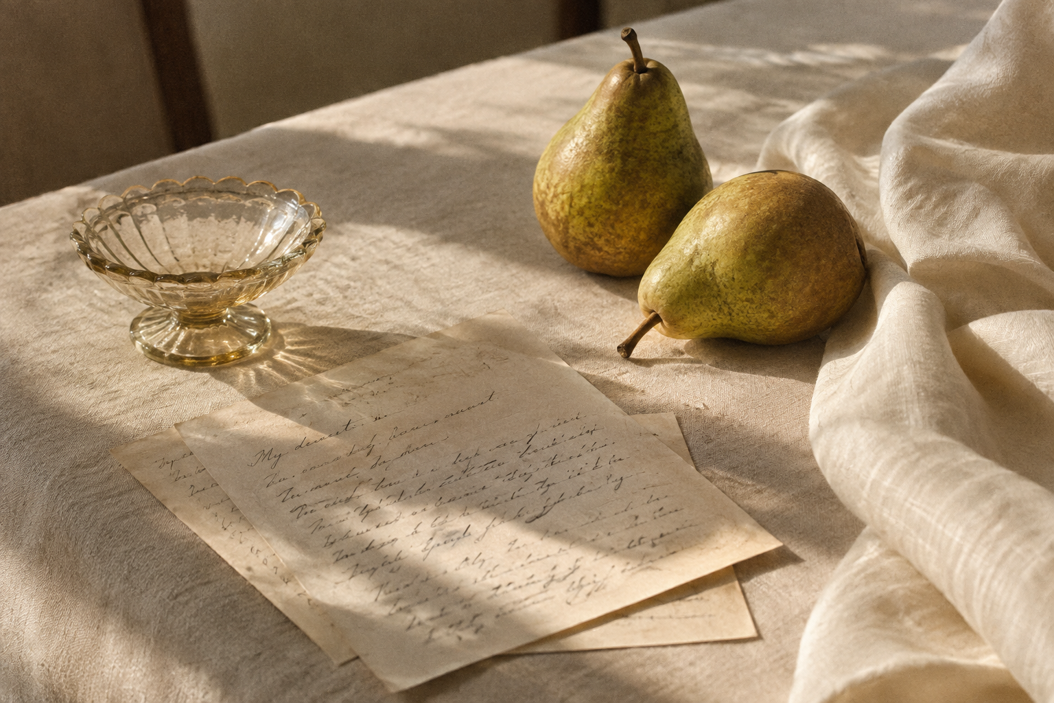 Film-inspired still life of handwritten letters, pears, and linen on a sunlit table