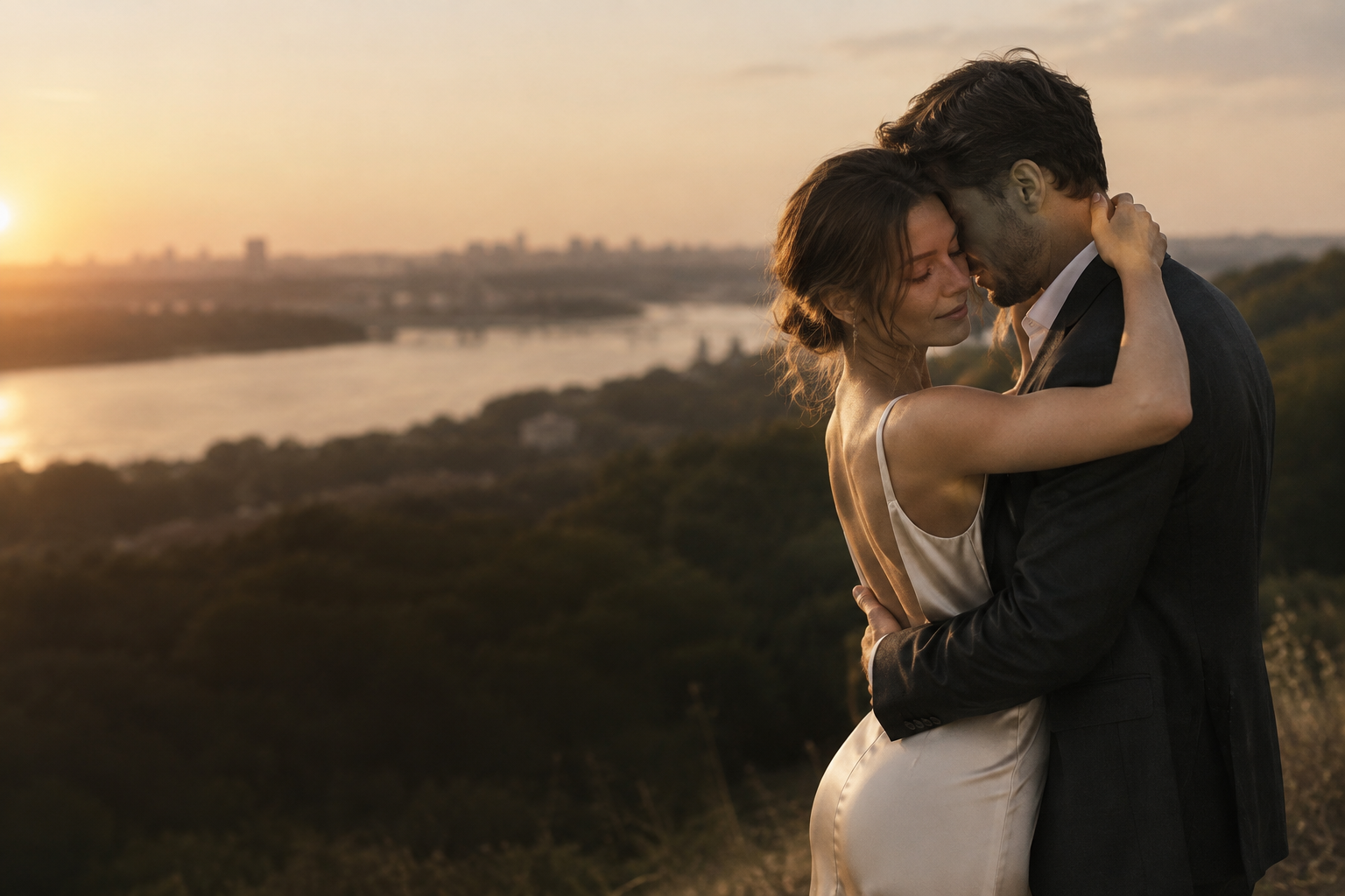 Elegant couple sharing a quiet embrace outdoors in soft natural evening light, captured with a refined editorial and film-inspired feel
