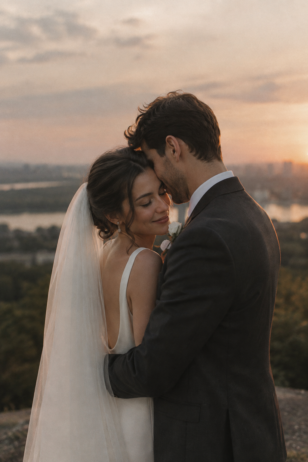 Newlywed couple embracing beneath warm evening light
