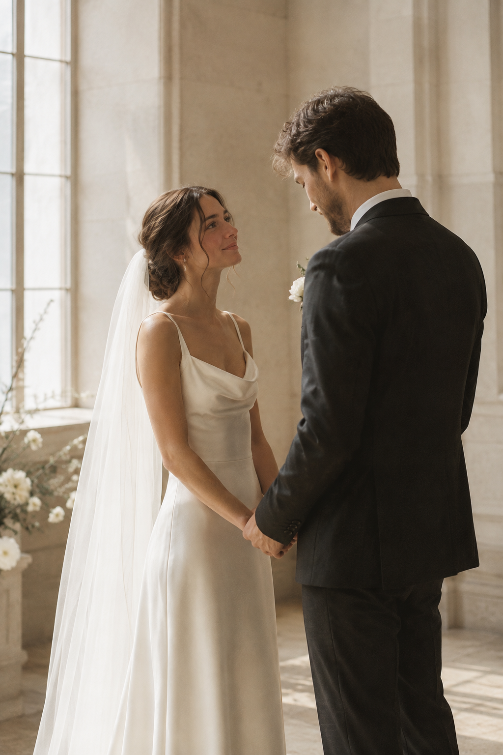 Bride and groom holding hands during an intimate sunlit wedding ceremony