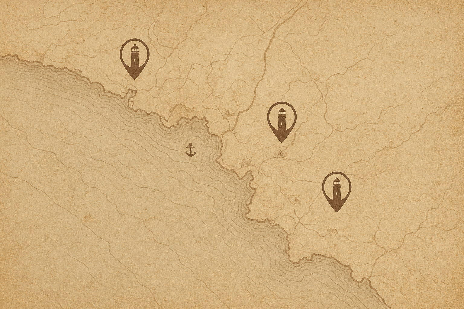 Stylized editorial map of the northern coast with lighthouse markers and shoreline details