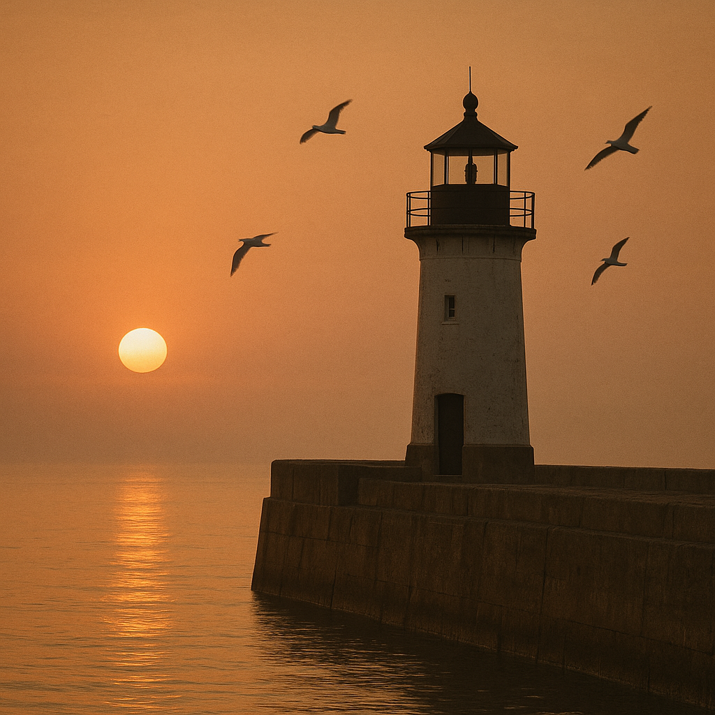 Concrete breakwater lighthouse at sunrise with gulls and calm amber water