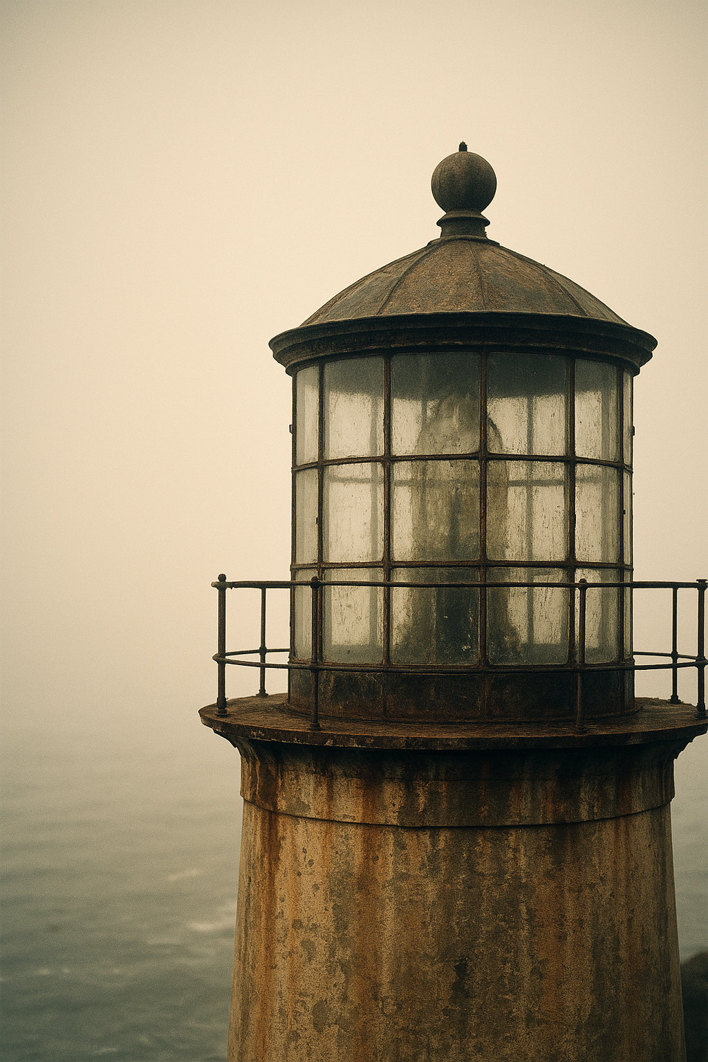 Warm film-style photograph of weathered lighthouse lantern metal and sea-worn glass with soft coastal haze