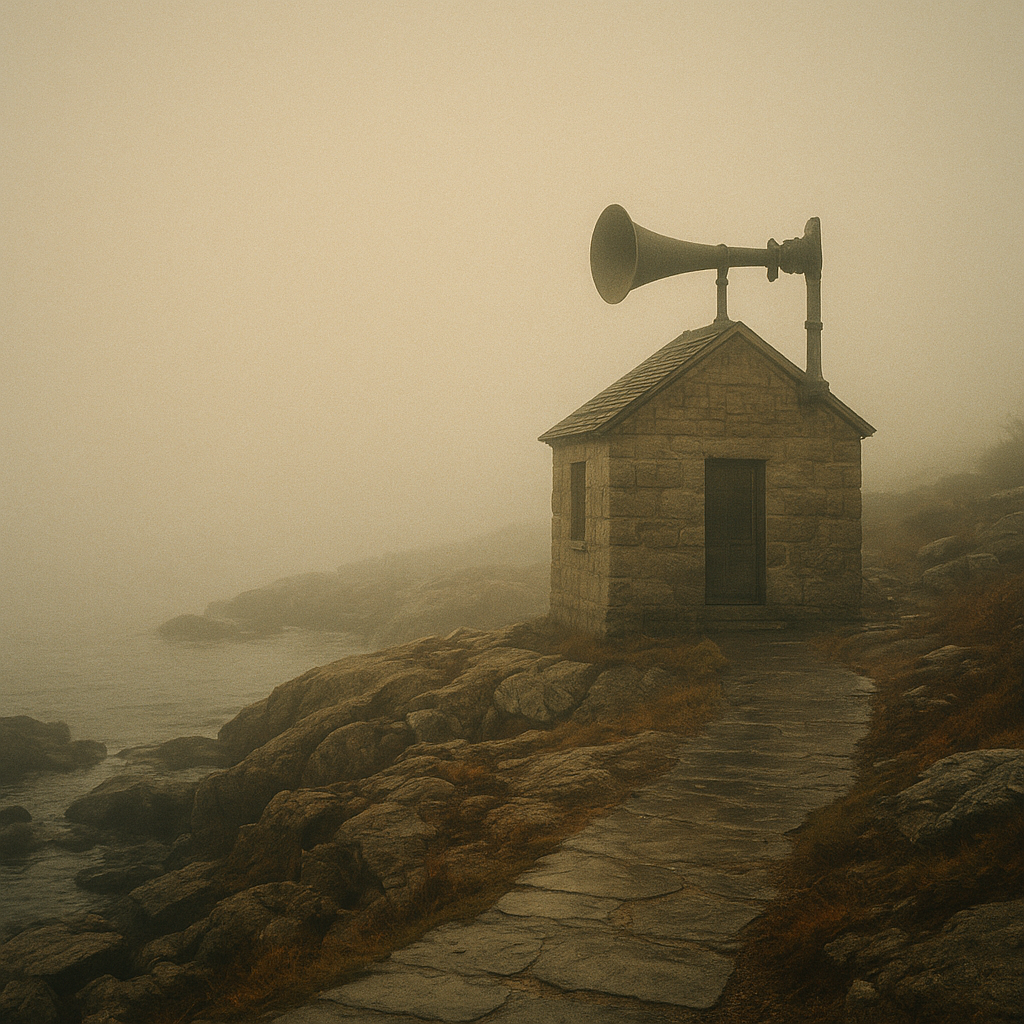 Low fog over a rocky cove with an early fog-signal building and wet stone path