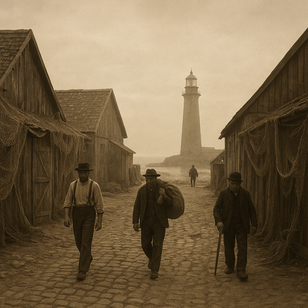 Small harbor settlement street with net sheds, workers, and a distant lighthouse tower