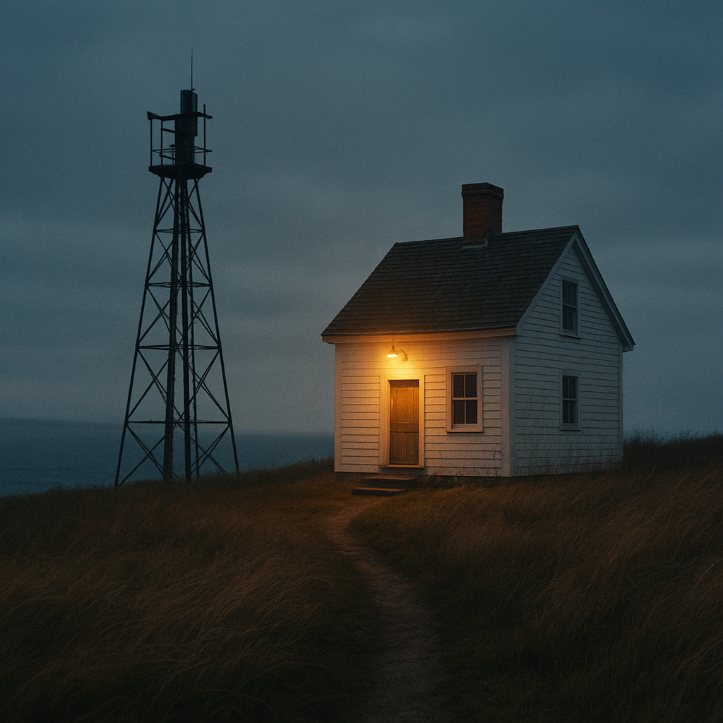 White keeper cottage and signal mast at blue hour with a lit path lamp