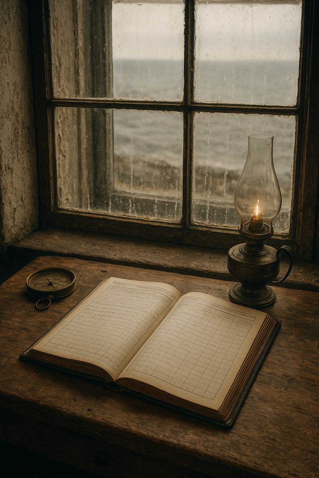 Warm film-style photograph of a lighthouse lantern room desk with an open weather logbook, brass instruments, and salt-worn window frames