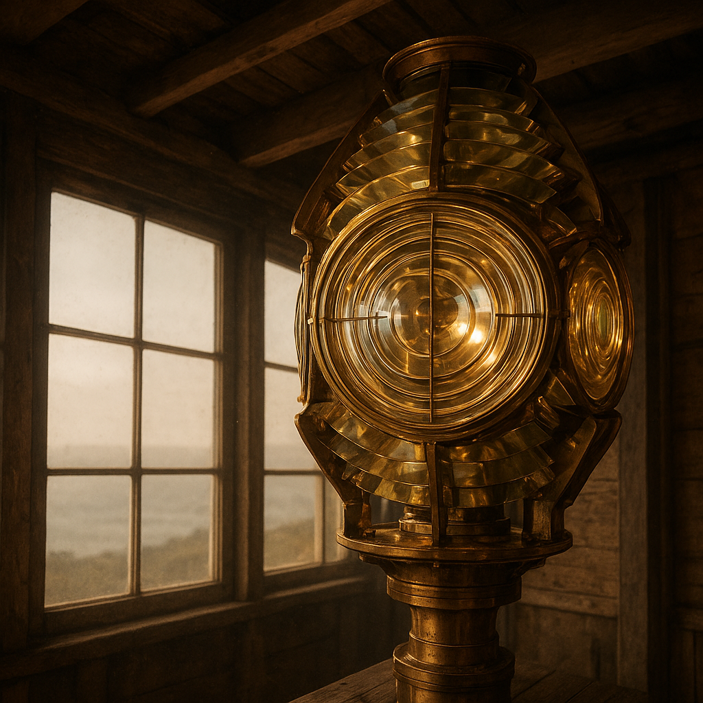 Brass Fresnel lens room with warm reflections and worn timber framing