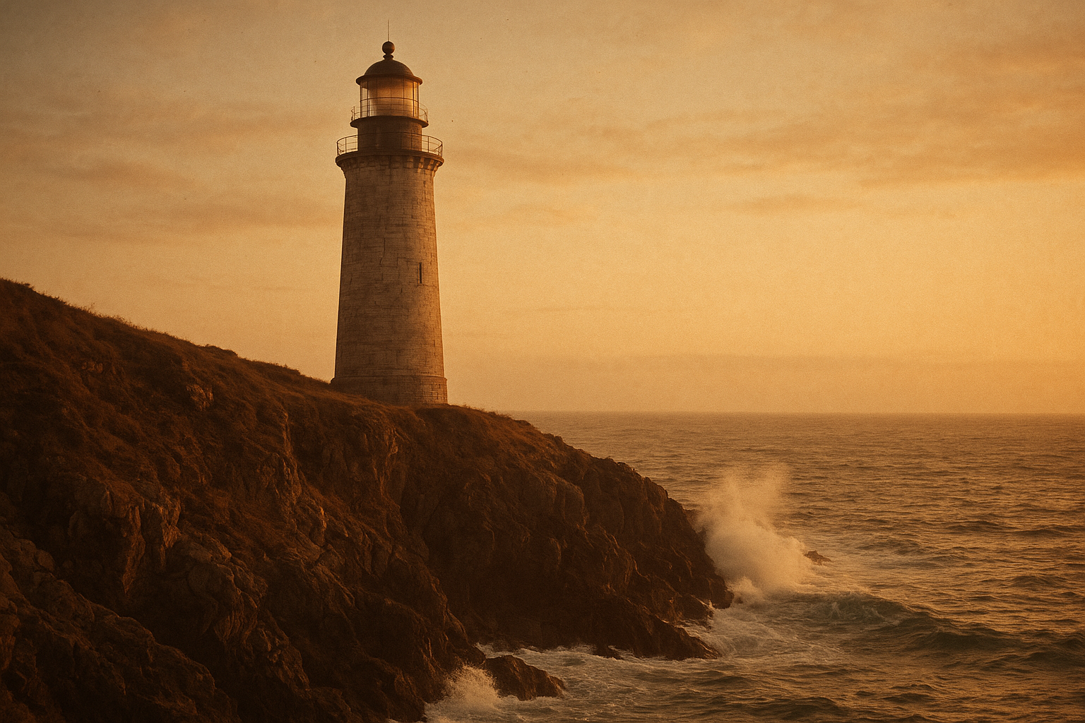 Tall granite lighthouse on a wind-bent cliff at golden dusk with surf breaking below