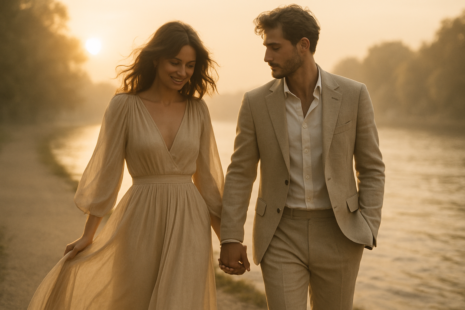 Couple walking by the river at golden hour in flowing neutral wardrobe