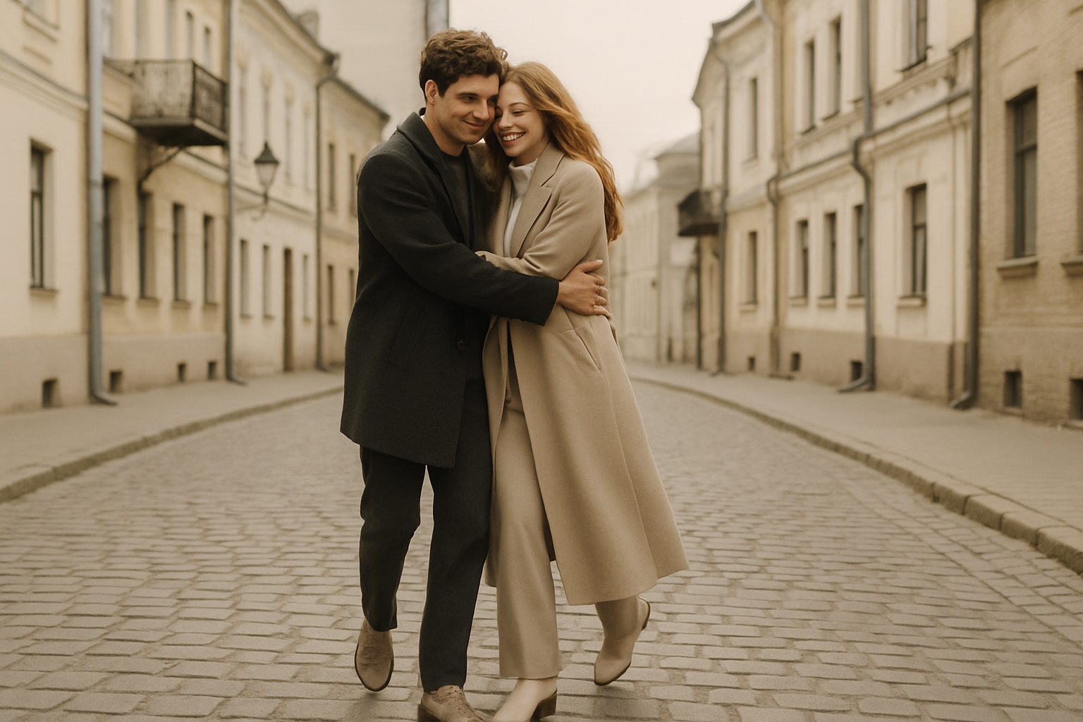 Stylish couple embracing on a quiet old Kyiv street with soft neutral tones