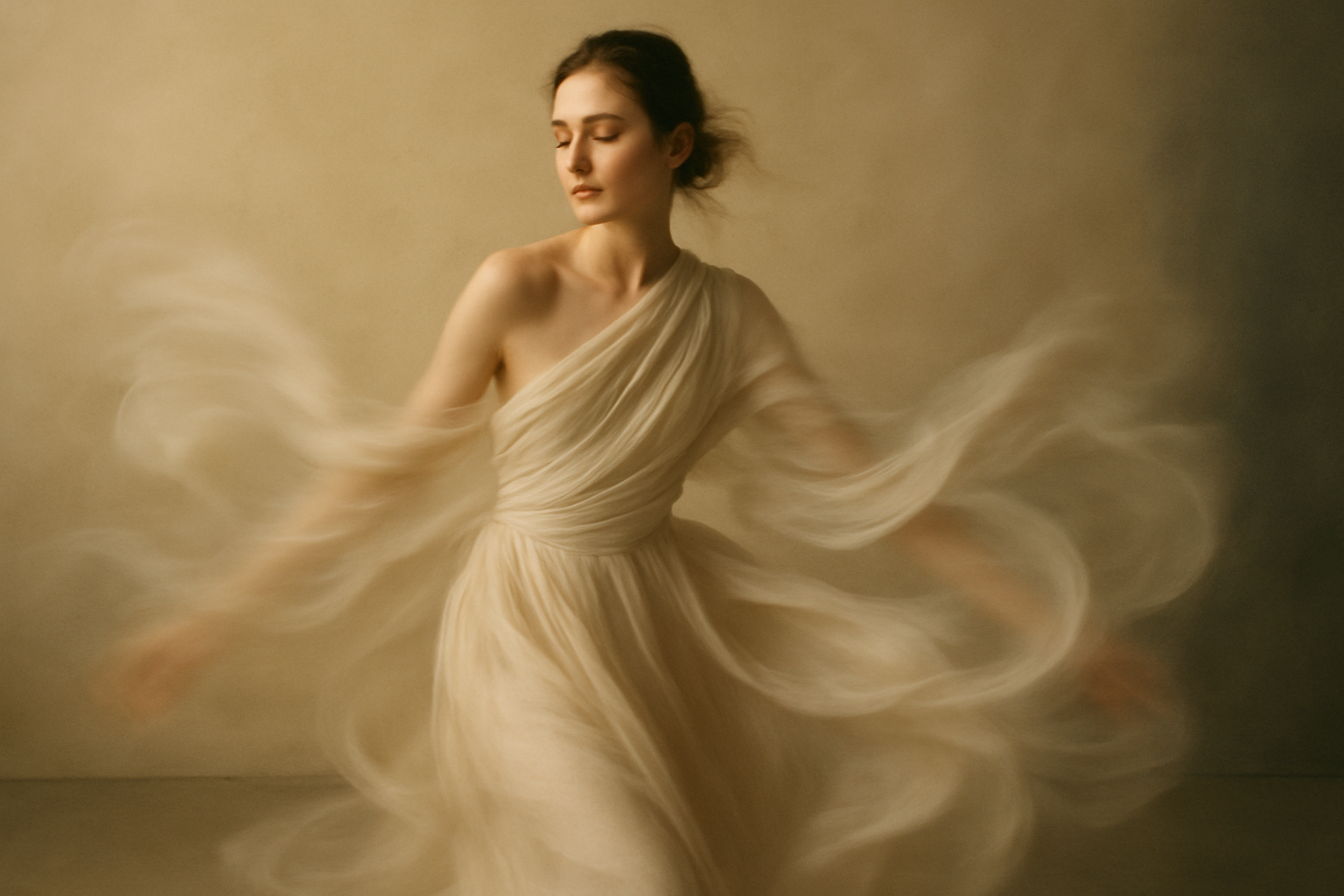 Fashion movement study in cream fabric with minimalist studio backdrop