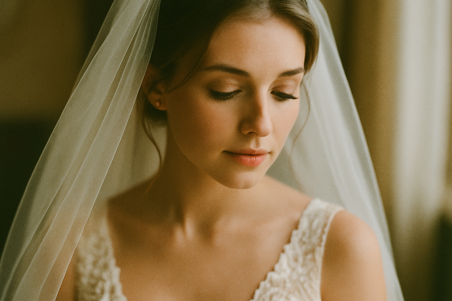 Film-like bridal close-up with soft grain and diffused window light