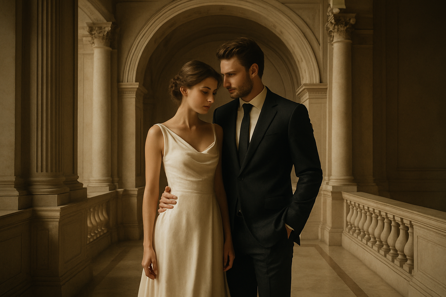 Fullscreen preview image of romantic wedding portrait with warm neutral tones