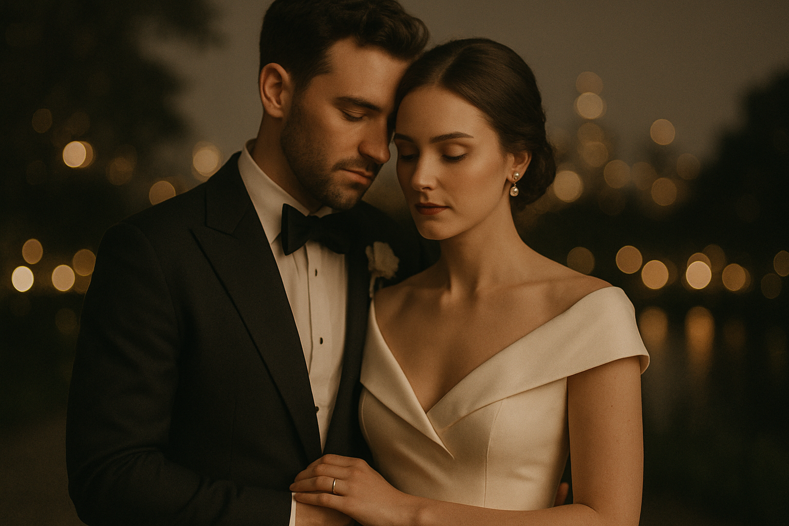 Evening wedding portrait with city lights and elegant black-tie styling