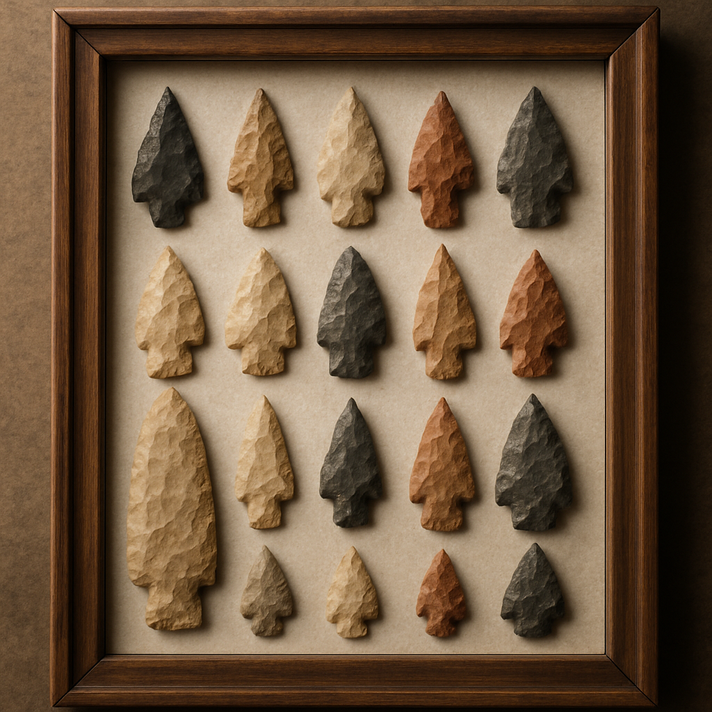 Arrowheads arranged in a display frame under natural lighting, showing realistic stone textures and authentic forms.