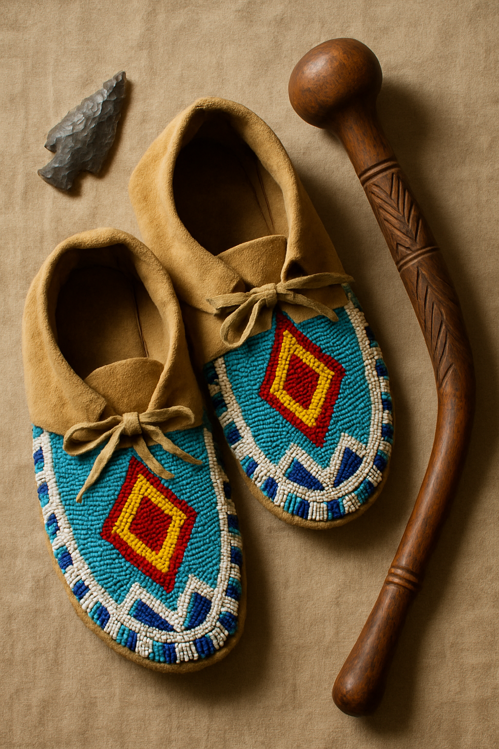 Beaded moccasins, arrowhead, and war club displayed on natural linen