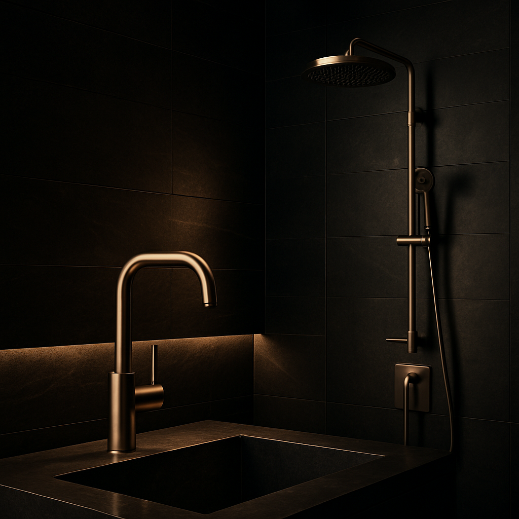 Luxury brushed metal faucets and a rain shower set against dark stone in a premium bathroom suite