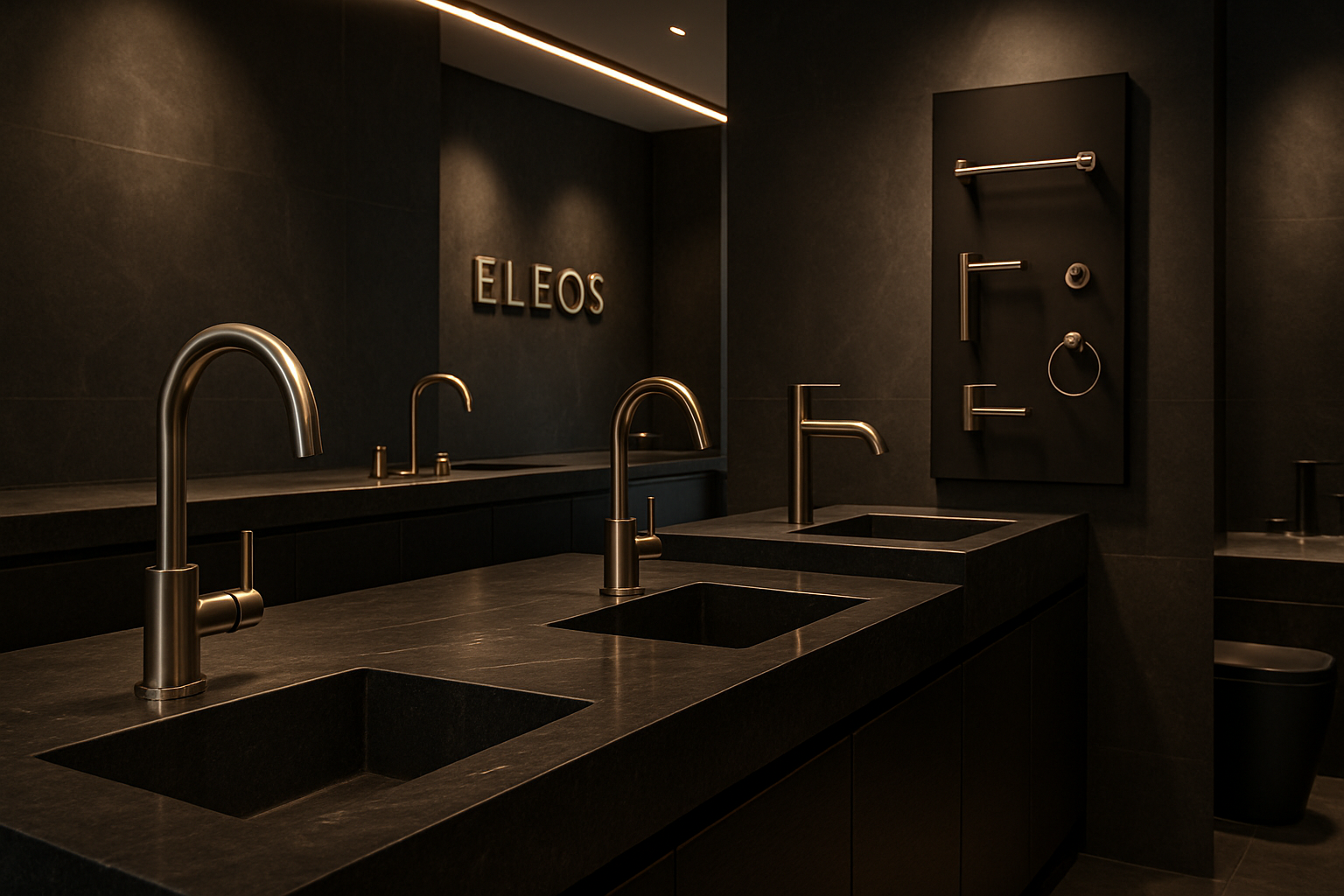 Premium bathroom and hardware showroom featuring brushed metal faucets, dark stone surfaces, and refined ambient lighting
