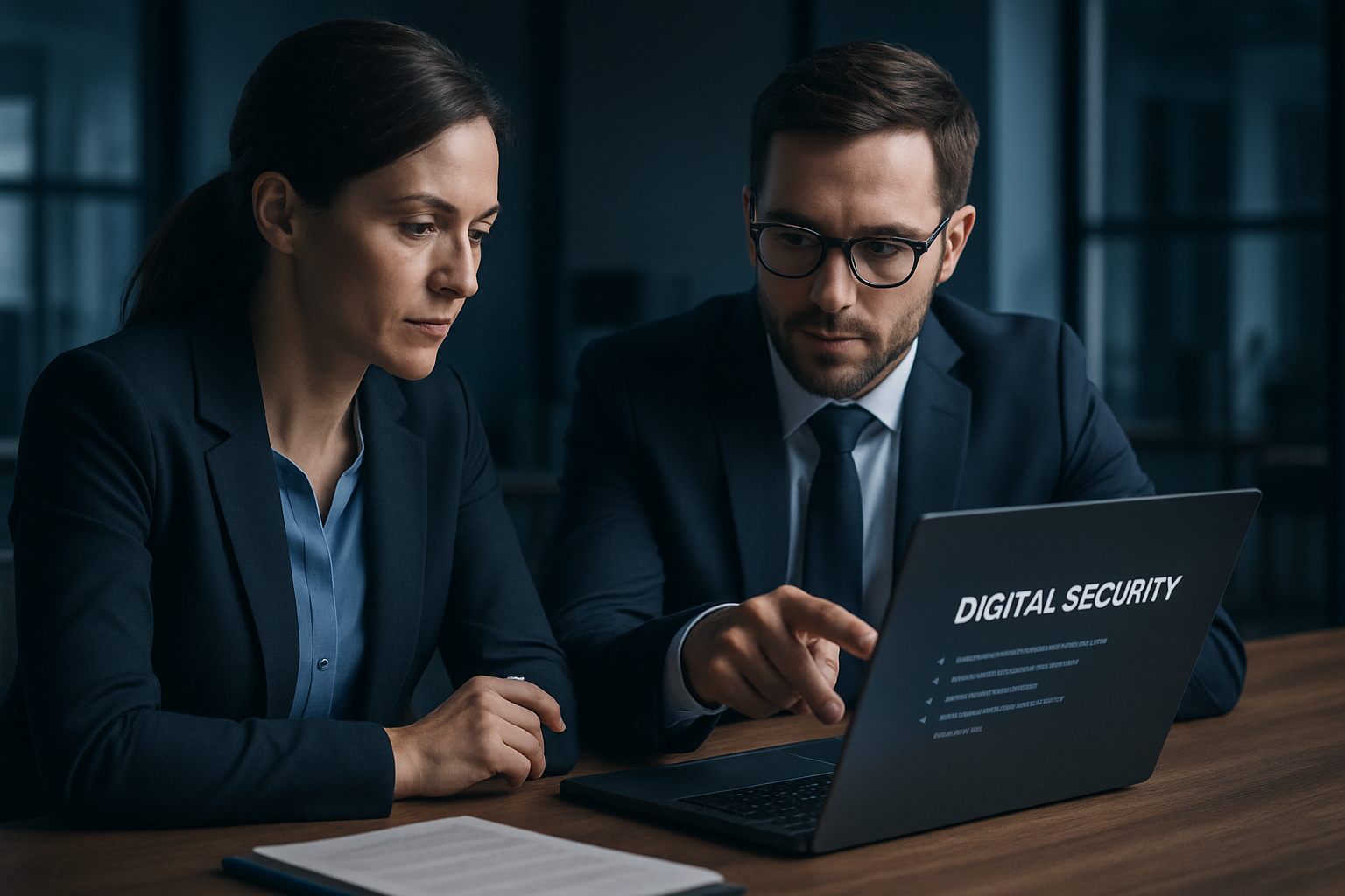 Professionelle Beratungsszene: zwei Personen besprechen digitale Sicherheit an einem modernen Laptop