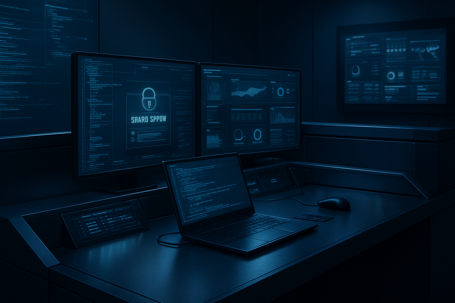 Elegante Sicherheitszentrale mit holografischen Code- und Analyse-Overlays in einer modernen, dunkelblauen Umgebung