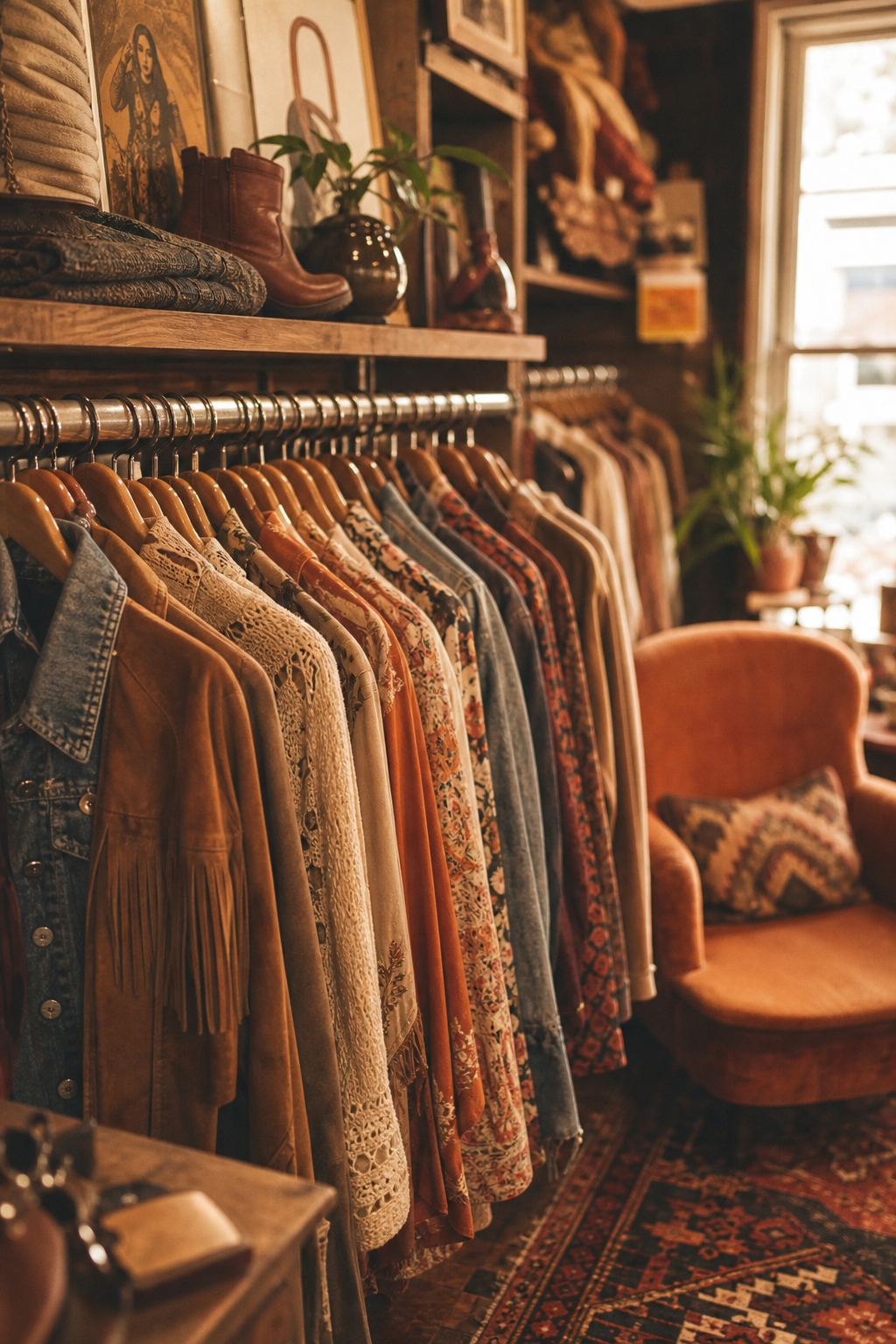 Warm editorial archive scene with vintage garments on wooden hangers, tactile fabrics, and nostalgic boutique styling