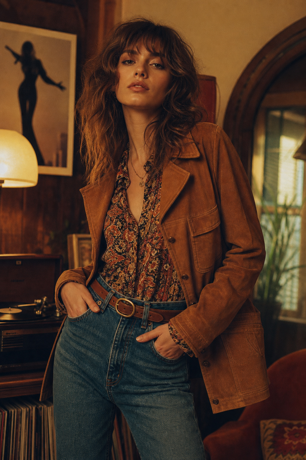 Warm film-softened portrait of a model in 70s and 80s vintage layers inside a retro interior with tactile fabrics and nostalgic tones