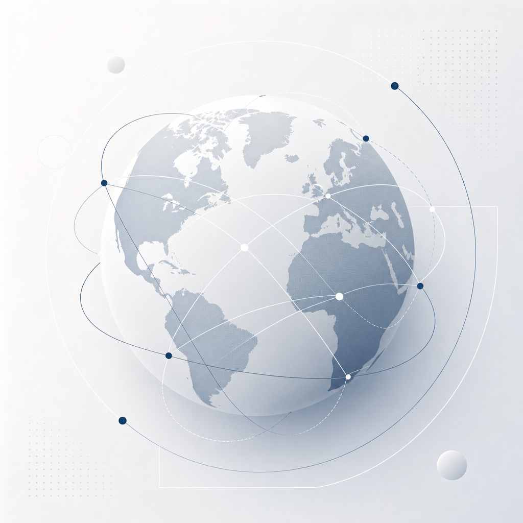 Minimal abstract global network illustration with thin connected arcs, subtle dots, and soft blue-charcoal gradient accents