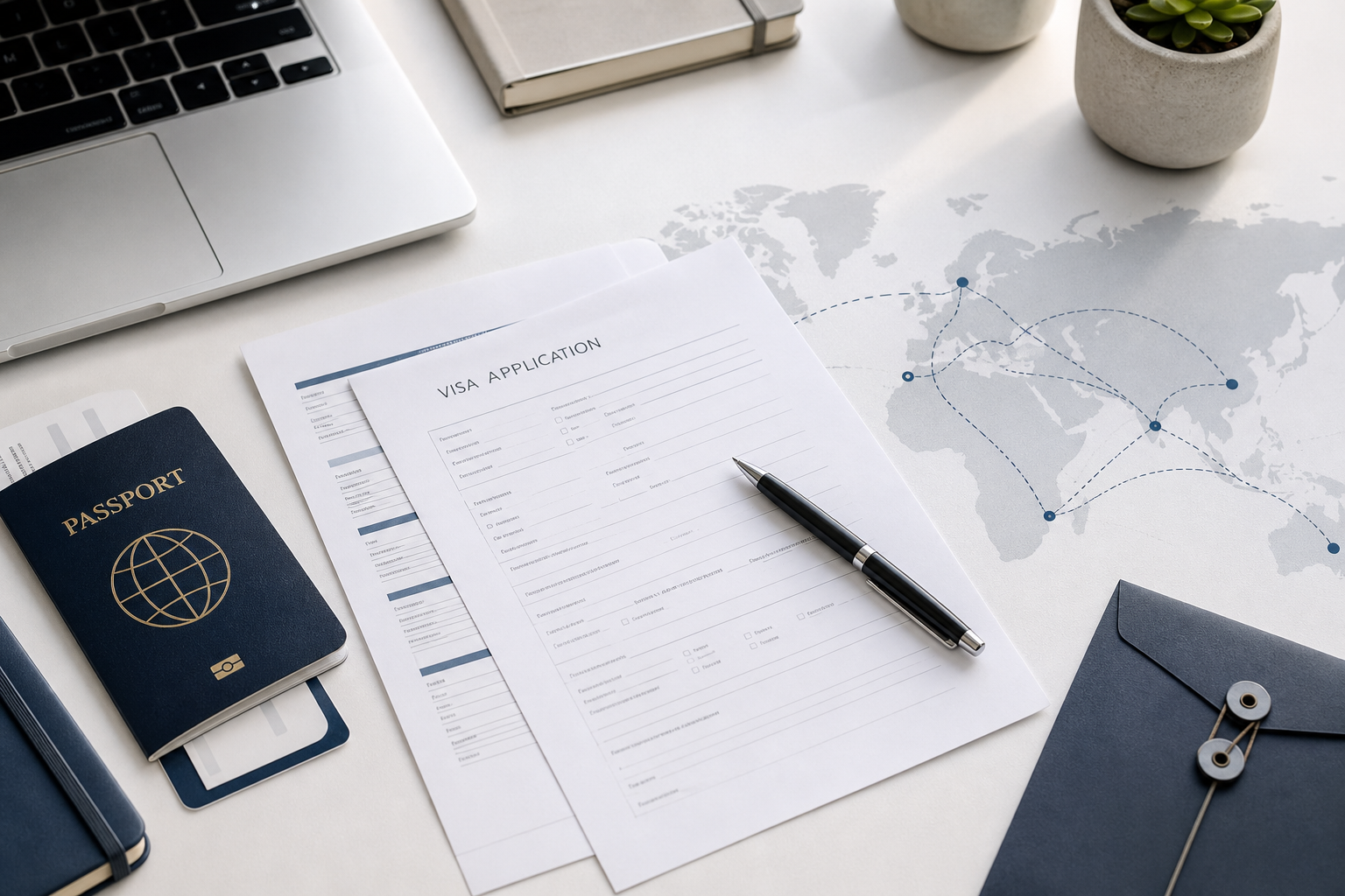 Modern global-mobility workspace with passport, visa forms, travel map lines, and premium desk materials