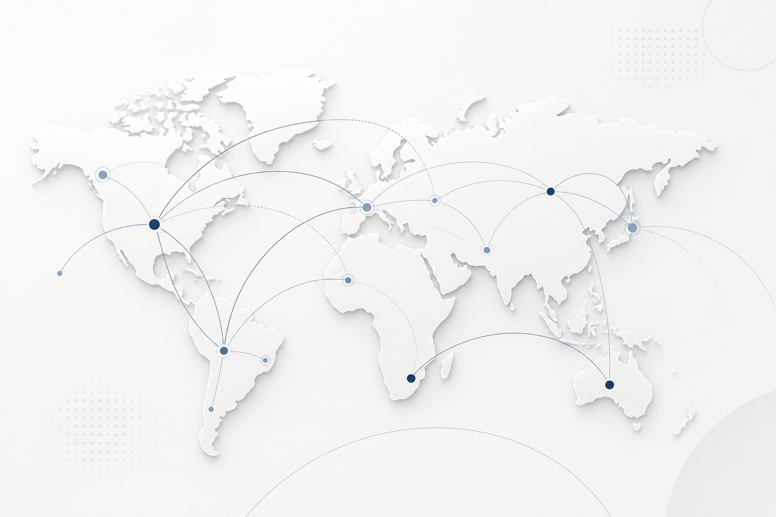 Abstract world map with clean route lines and connection nodes in a minimal corporate style