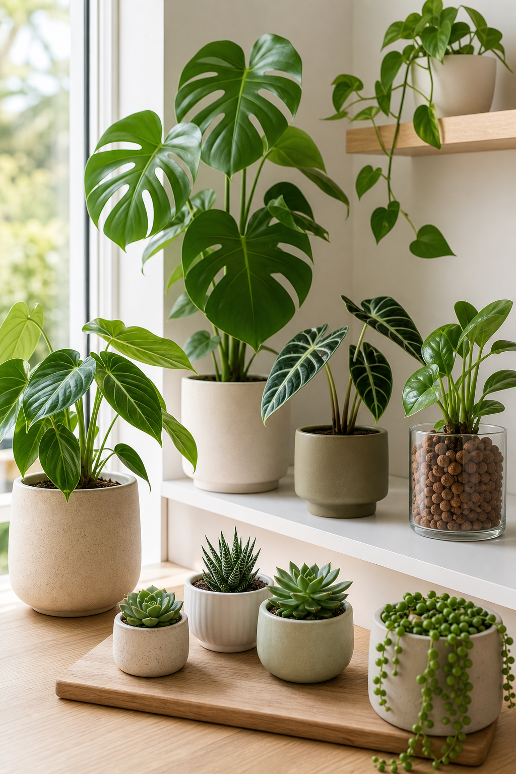 Bright arrangement of tropical houseplants and succulents in a clean indoor setting