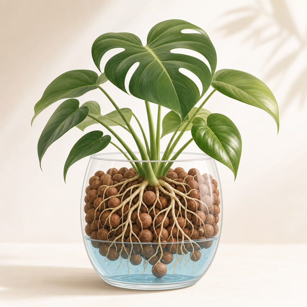 Simplified cutaway illustration of a tropical houseplant in a clear semi-hydro container, showing roots in clay pebbles above a small water reservoir