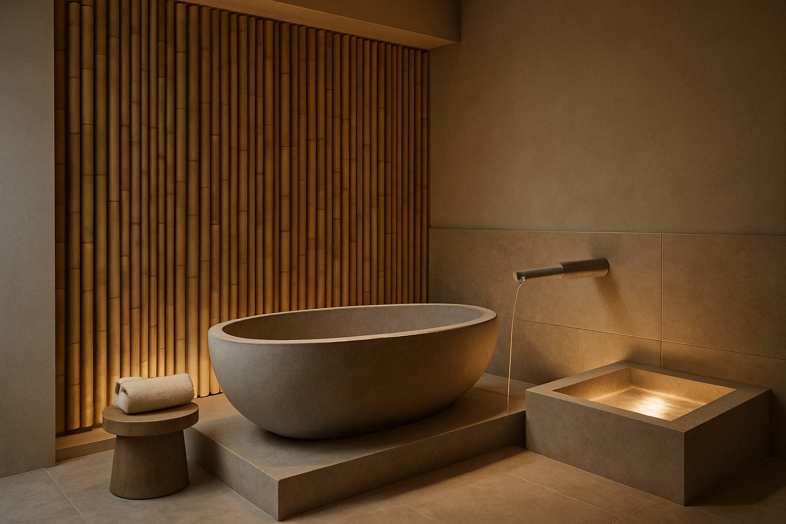 Serene Japanese spa ritual room with bamboo accents, smooth stone basin, and softly lit water feature