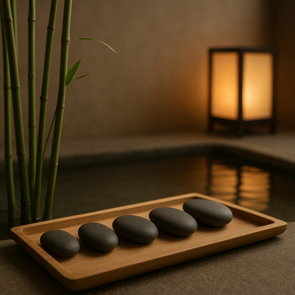 Calm Japanese spa ritual scene with smooth river stones, bamboo stalks, and a shallow pool reflecting soft lantern light