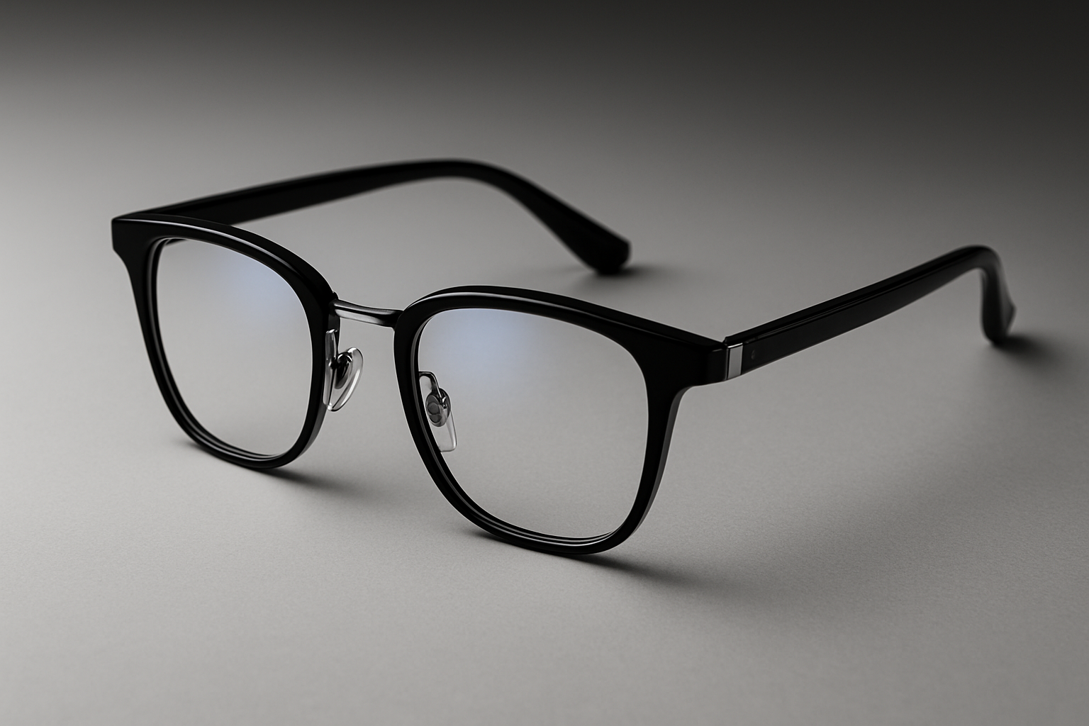 Premium editorial product shot of sleek black and silver prescription eyeglasses on a minimal studio surface with soft blue reflections